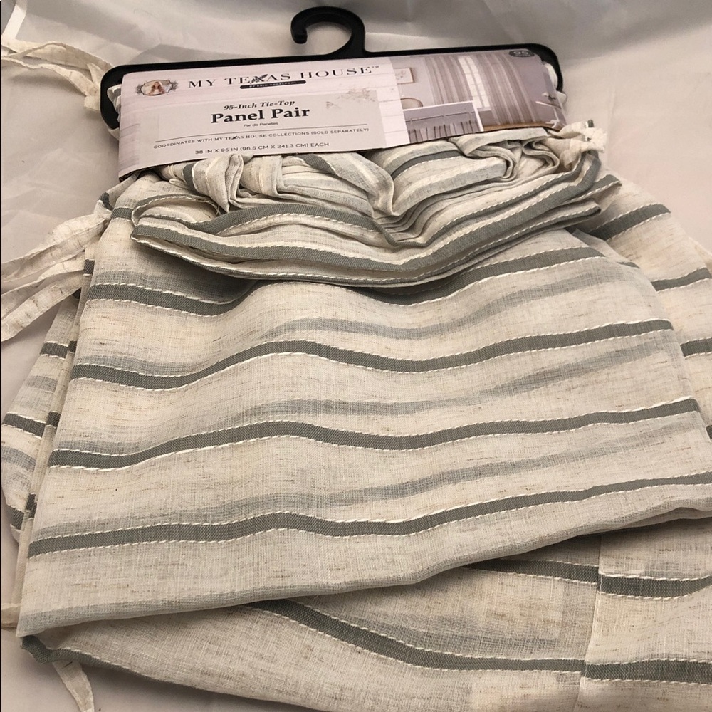 My Texas House Cream and Gray Striped Tie-Top Curtain Panel Pair